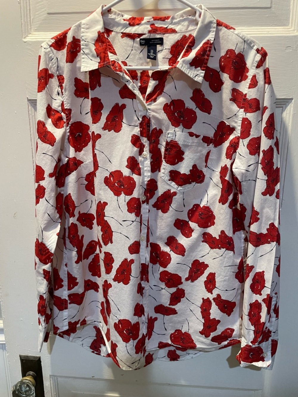 GAP White Button-Down Shirt with Red Floral Print, Large